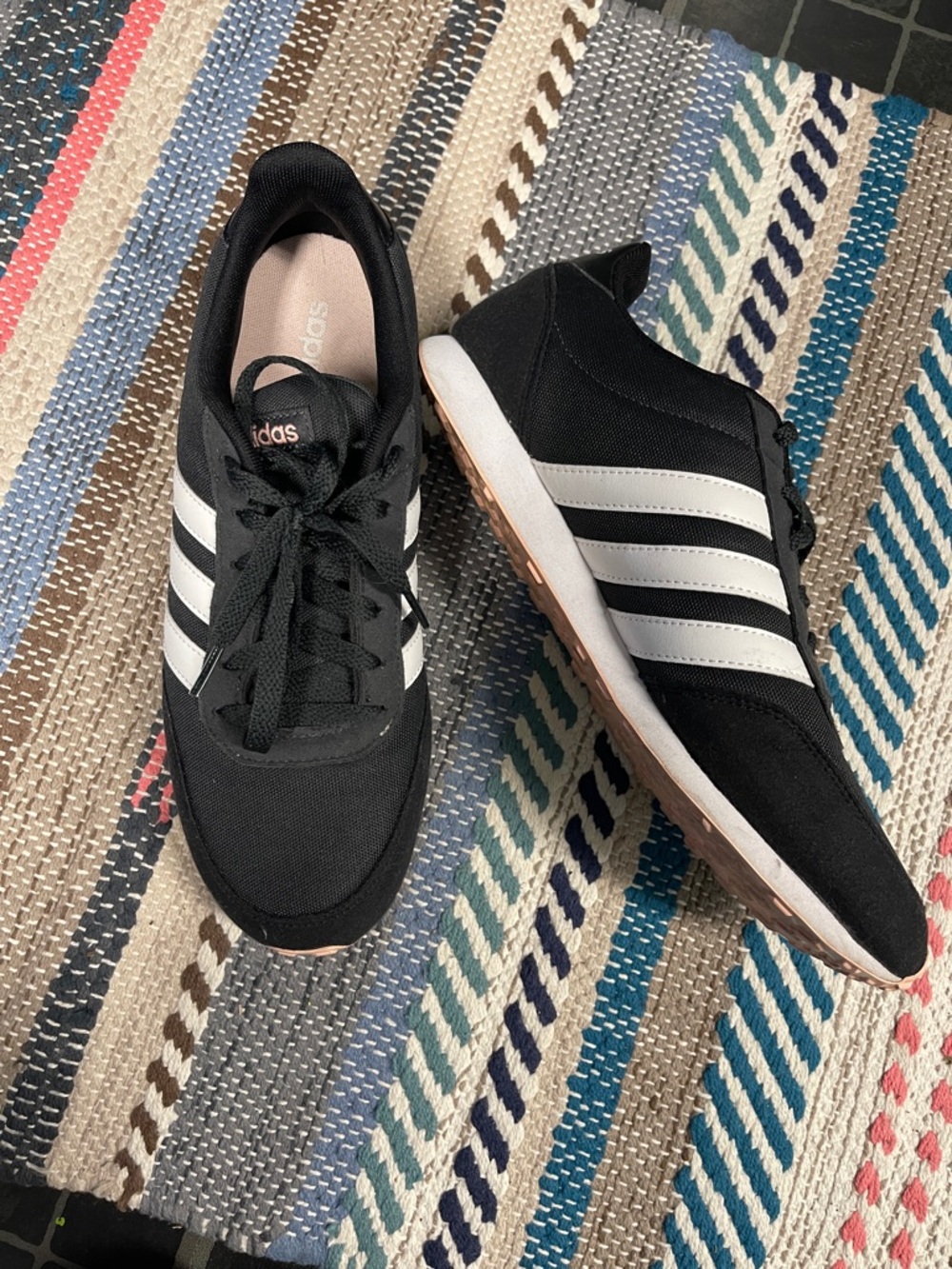 adidas Black Sneakers with White Stripes and Gum Sole